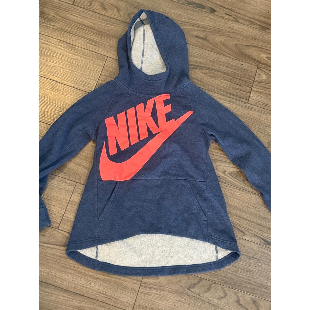 Nike Women's Essential High-Low Hoodie Heather Blue Neon Coral Futura Logo M